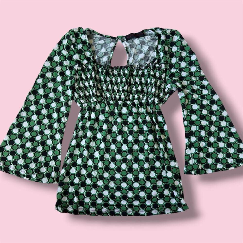 Sandro Ferrone green, white/black polka dot babydoll blouse with bell sleeves